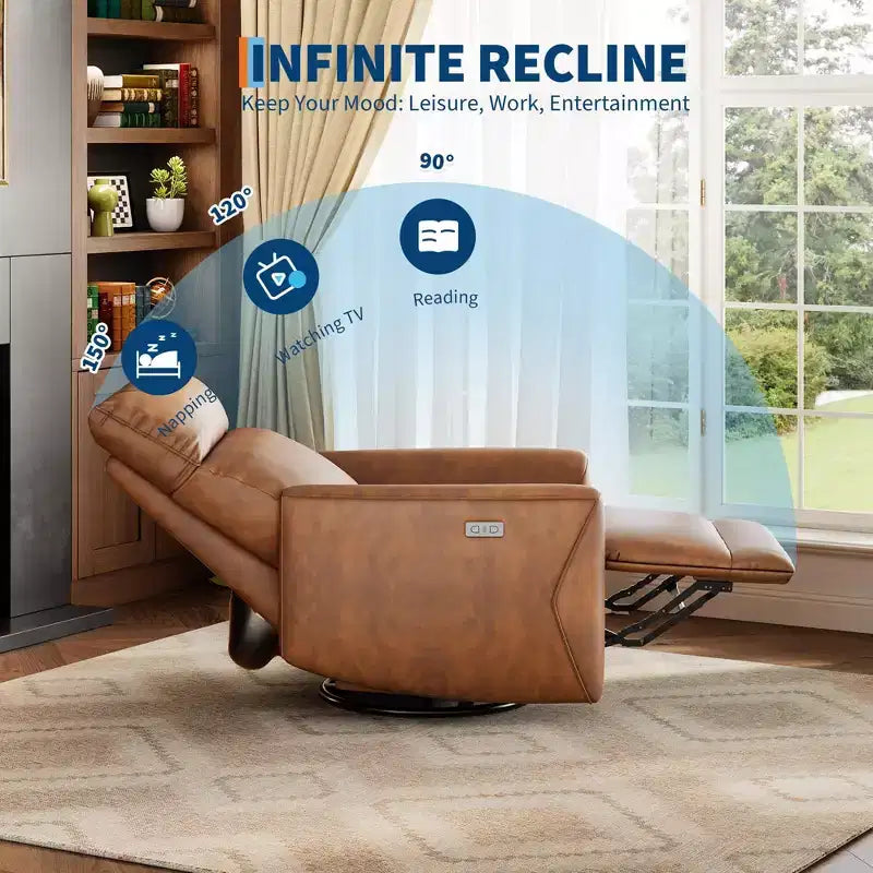 Modern Power Recliner Chair with USB Ports - PU Leather 270 Swivel Rocker for Living Room Nursery Bedroom - Brown