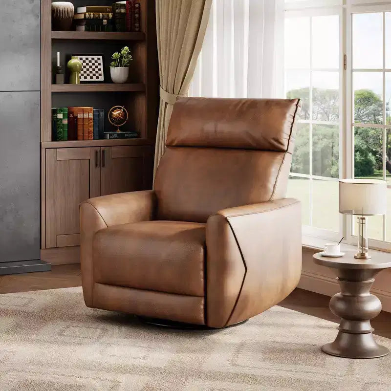 Modern Power Recliner Chair with USB Ports - PU Leather 270 Swivel Rocker for Living Room Nursery Bedroom - Brown