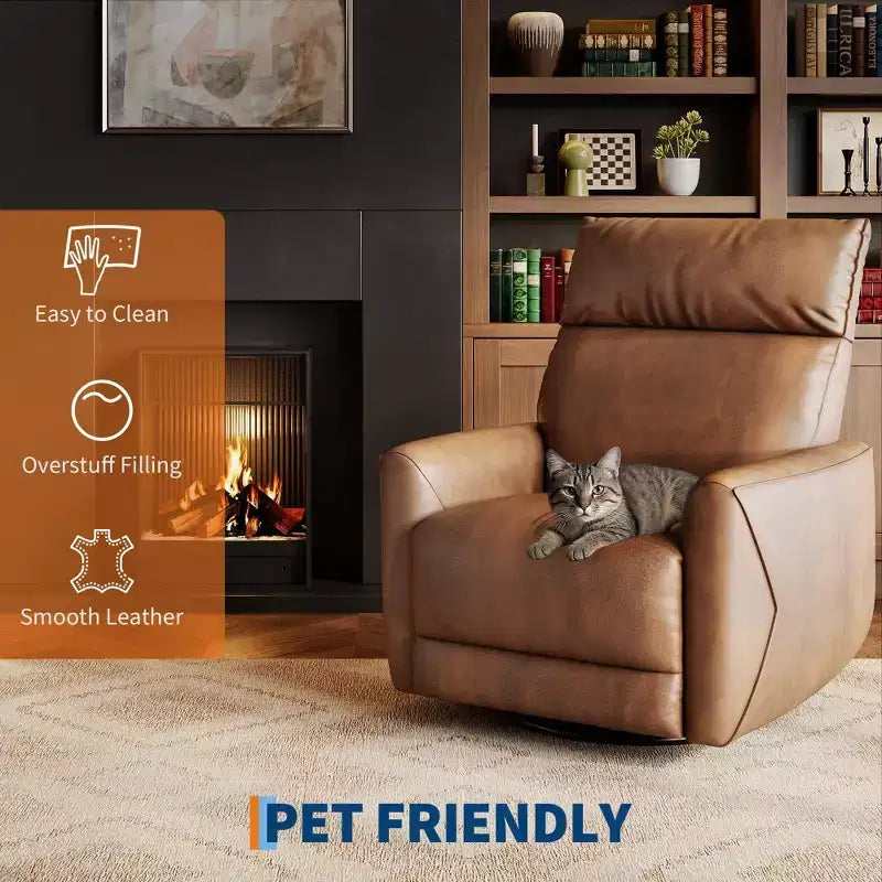 Modern Power Recliner Chair with USB Ports - PU Leather 270 Swivel Rocker for Living Room Nursery Bedroom - Brown