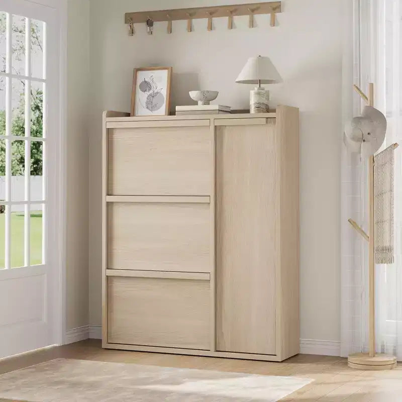 Freestanding Hidden Shoe Storage Cabinet with 3 Flip Drawers, Side Door & Adjustable Shelves, Wooden Entryway Organizer for Hallway & Living Room