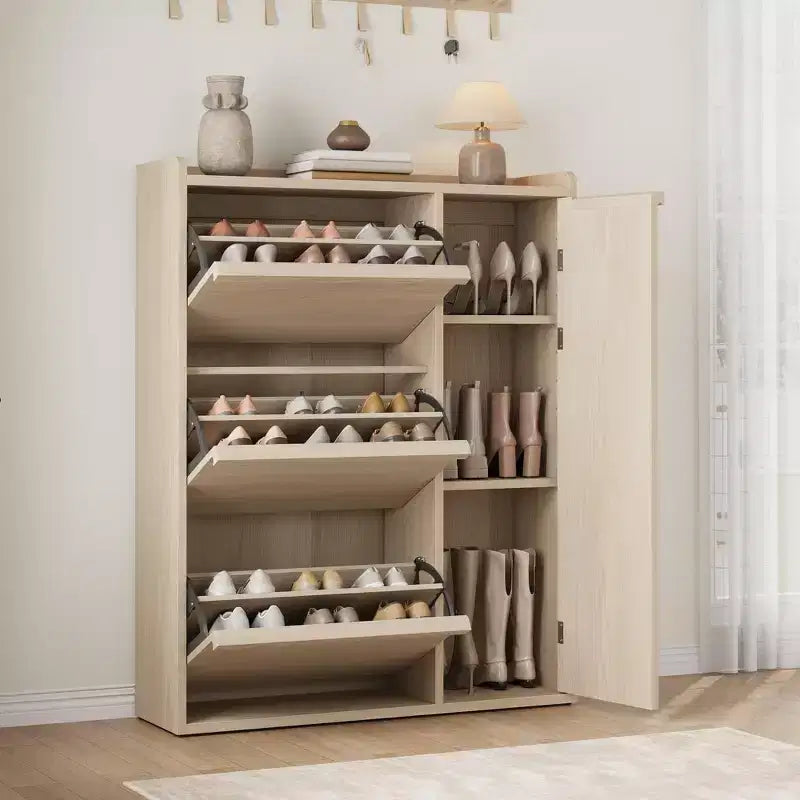 Freestanding Hidden Shoe Storage Cabinet with 3 Flip Drawers, Side Door & Adjustable Shelves, Wooden Entryway Organizer for Hallway & Living Room