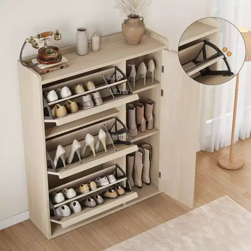 Freestanding Hidden Shoe Storage Cabinet with 3 Flip Drawers, Side Door & Adjustable Shelves, Wooden Entryway Organizer for Hallway & Living Room