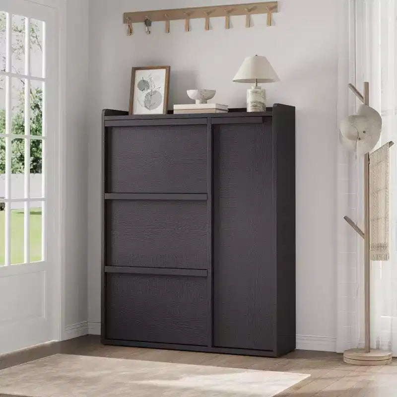 Freestanding Hidden Shoe Storage Cabinet with 3 Flip Drawers, Side Door & Adjustable Shelves, Wooden Entryway Organizer for Hallway & Living Room