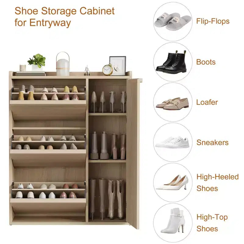 Freestanding Hidden Shoe Storage Cabinet with 3 Flip Drawers, Side Door & Adjustable Shelves, Wooden Entryway Organizer for Hallway & Living Room