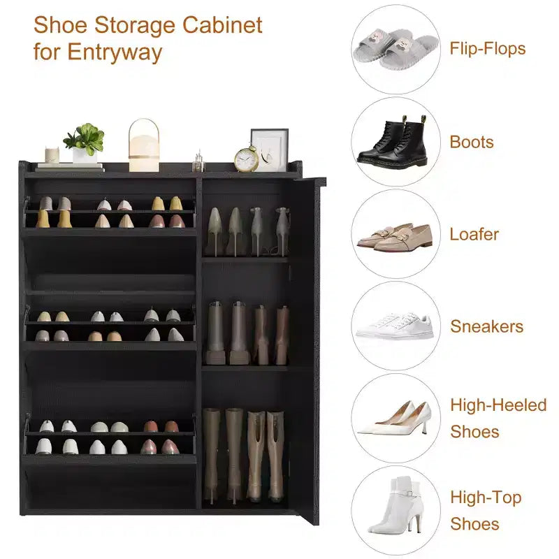 Freestanding Hidden Shoe Storage Cabinet with 3 Flip Drawers, Side Door & Adjustable Shelves, Wooden Entryway Organizer for Hallway & Living Room