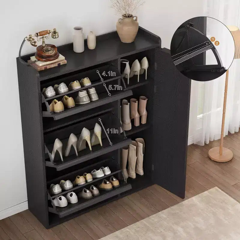 Freestanding Hidden Shoe Storage Cabinet with 3 Flip Drawers, Side Door & Adjustable Shelves, Wooden Entryway Organizer for Hallway & Living Room