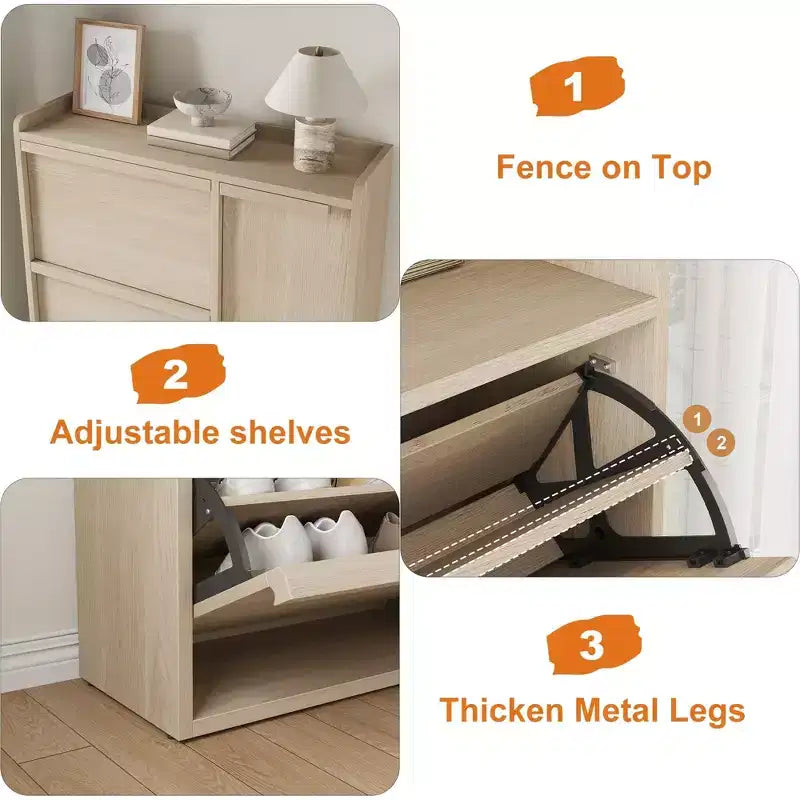 Freestanding Hidden Shoe Storage Cabinet with 3 Flip Drawers, Side Door & Adjustable Shelves, Wooden Entryway Organizer for Hallway & Living Room