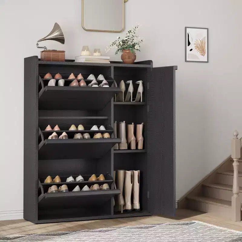 Freestanding Hidden Shoe Storage Cabinet with 3 Flip Drawers, Side Door & Adjustable Shelves, Wooden Entryway Organizer for Hallway & Living Room