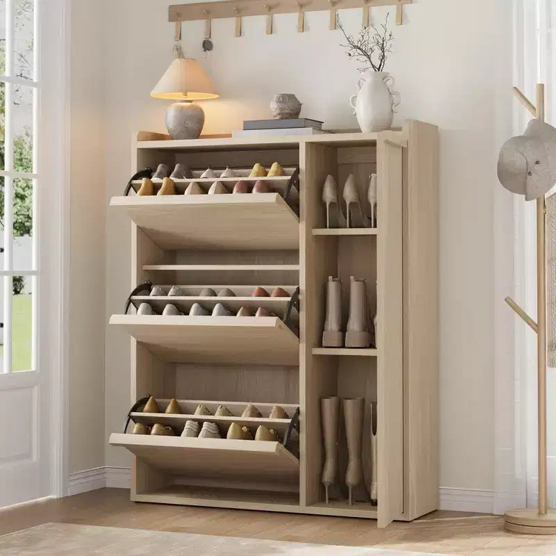 Freestanding Hidden Shoe Storage Cabinet with 3 Flip Drawers, Side Door & Adjustable Shelves, Wooden Entryway Organizer for Hallway & Living Room