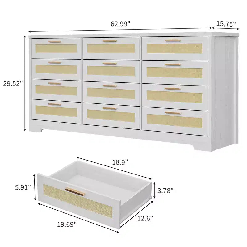Modern Rattan Dresser,12-Drawer Wooden Storage Organizer with Woven Rattan Panels & Handles, Sleeper Chest for Bedroom,Entryway & Living Room