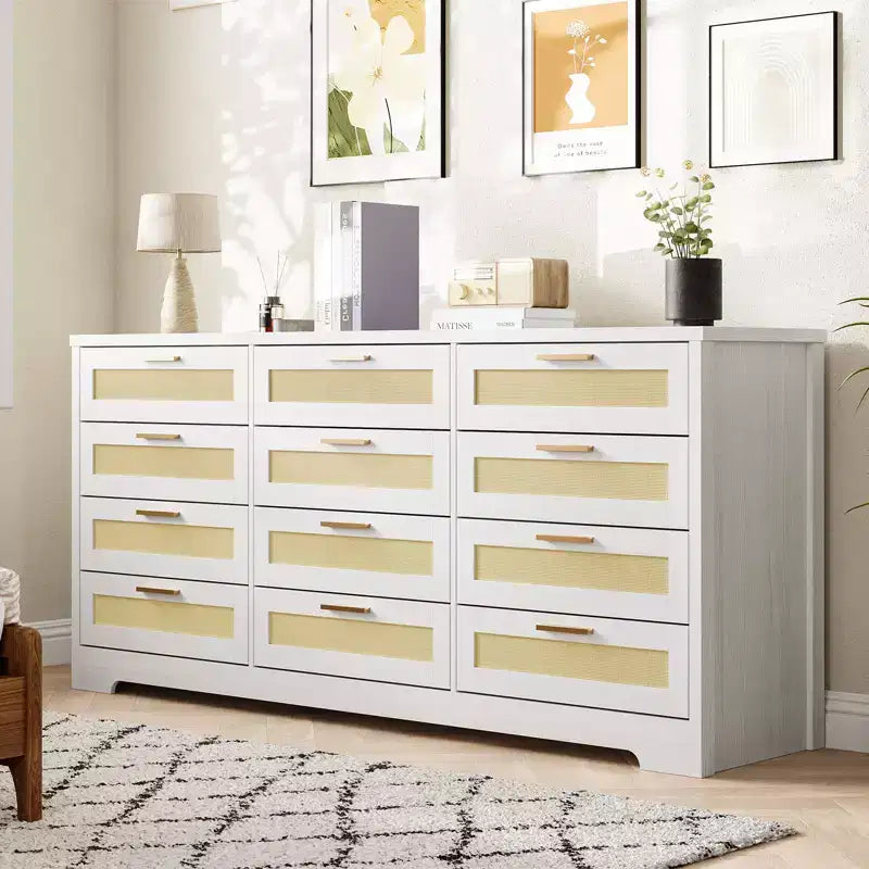 Modern Rattan Dresser,12-Drawer Wooden Storage Organizer with Woven Rattan Panels & Handles, Sleeper Chest for Bedroom,Entryway & Living Room