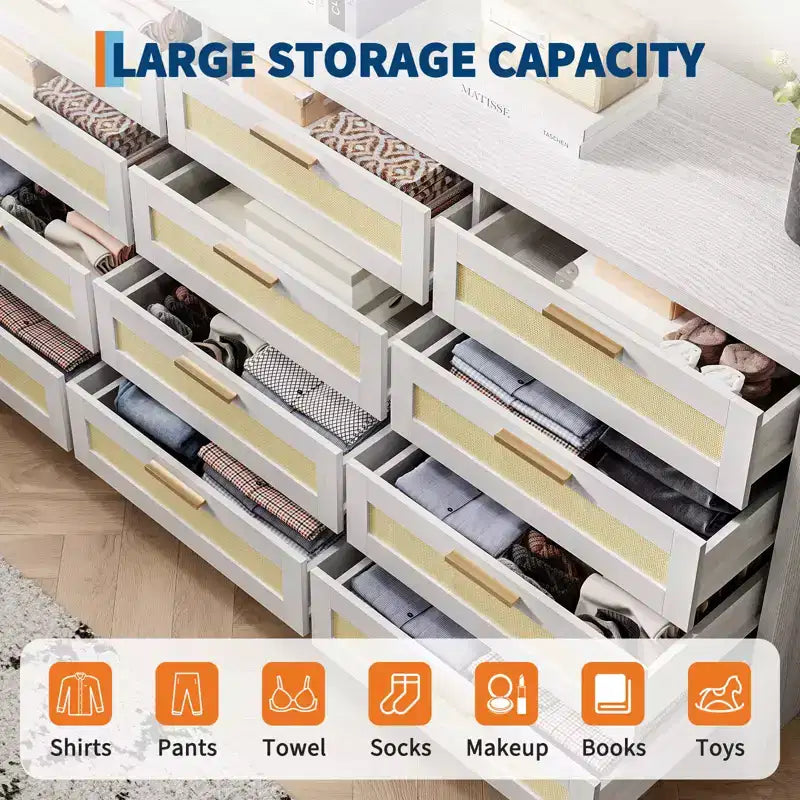 Modern Rattan Dresser,12-Drawer Wooden Storage Organizer with Woven Rattan Panels & Handles, Sleeper Chest for Bedroom,Entryway & Living Room
