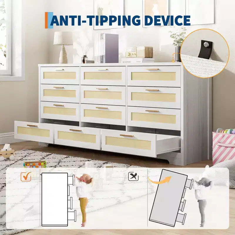 Modern Rattan Dresser,12-Drawer Wooden Storage Organizer with Woven Rattan Panels & Handles, Sleeper Chest for Bedroom,Entryway & Living Room