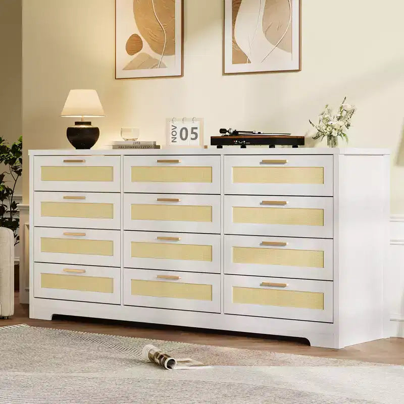 Modern Rattan Dresser,12-Drawer Wooden Storage Organizer with Woven Rattan Panels & Handles, Sleeper Chest for Bedroom,Entryway & Living Room