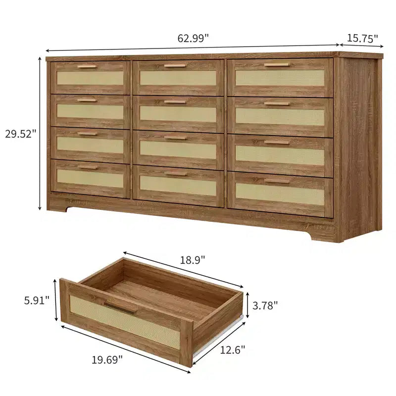 Modern Rattan Dresser,12-Drawer Wooden Storage Organizer with Woven Rattan Panels & Handles, Sleeper Chest for Bedroom,Entryway & Living Room