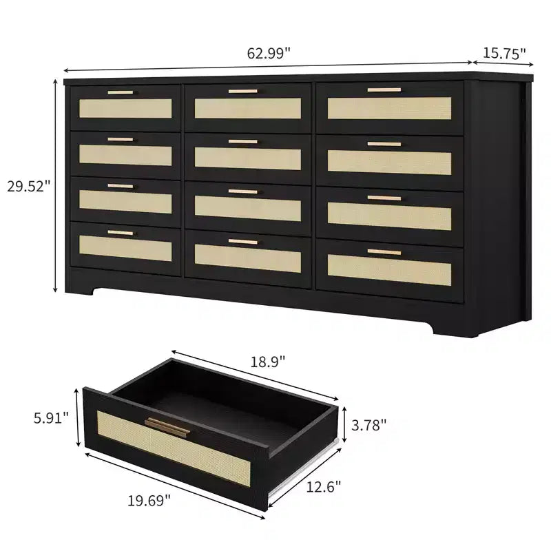 Modern Rattan Dresser,12-Drawer Wooden Storage Organizer with Woven Rattan Panels & Handles, Sleeper Chest for Bedroom,Entryway & Living Room