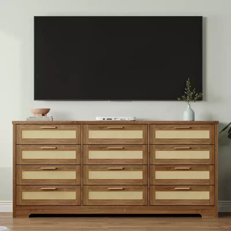 Modern Rattan Dresser,12-Drawer Wooden Storage Organizer with Woven Rattan Panels & Handles, Sleeper Chest for Bedroom,Entryway & Living Room