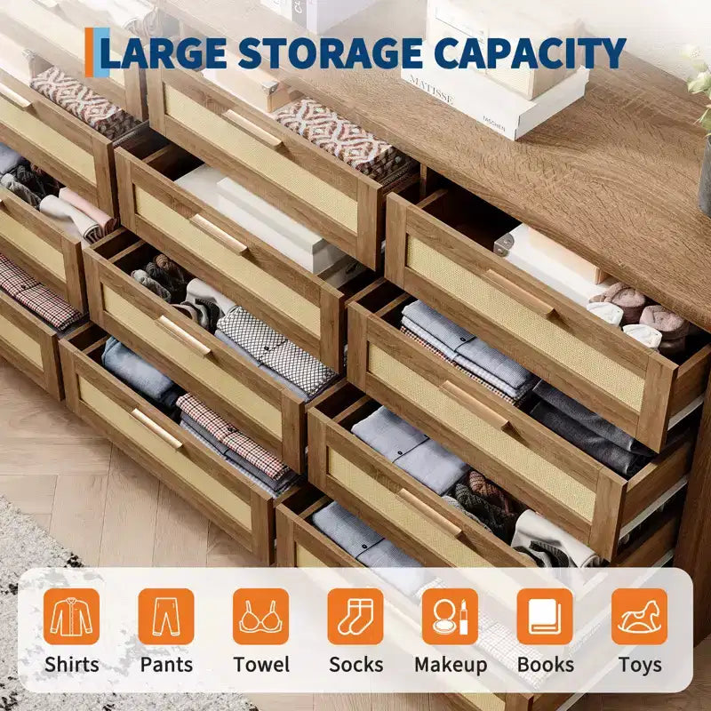 Modern Rattan Dresser,12-Drawer Wooden Storage Organizer with Woven Rattan Panels & Handles, Sleeper Chest for Bedroom,Entryway & Living Room