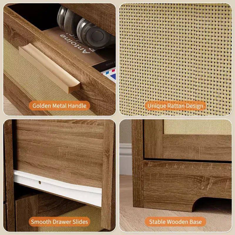 Modern Rattan Dresser,12-Drawer Wooden Storage Organizer with Woven Rattan Panels & Handles, Sleeper Chest for Bedroom,Entryway & Living Room