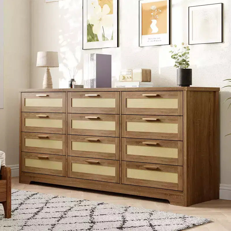 Modern Rattan Dresser,12-Drawer Wooden Storage Organizer with Woven Rattan Panels & Handles, Sleeper Chest for Bedroom,Entryway & Living Room