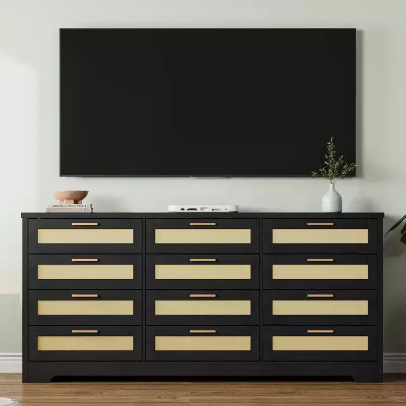 Modern Rattan Dresser,12-Drawer Wooden Storage Organizer with Woven Rattan Panels & Handles, Sleeper Chest for Bedroom,Entryway & Living Room