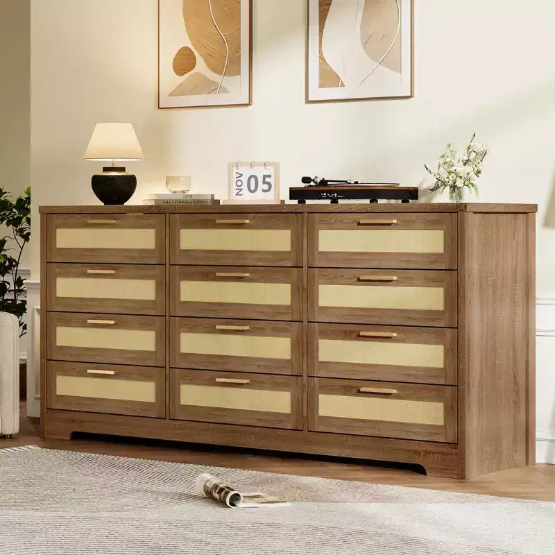 Modern Rattan Dresser,12-Drawer Wooden Storage Organizer with Woven Rattan Panels & Handles, Sleeper Chest for Bedroom,Entryway & Living Room