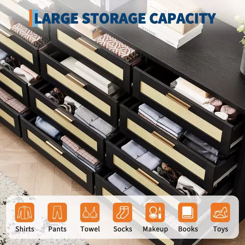 Modern Rattan Dresser,12-Drawer Wooden Storage Organizer with Woven Rattan Panels & Handles, Sleeper Chest for Bedroom,Entryway & Living Room