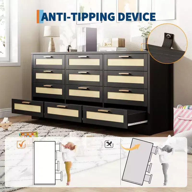 Modern Rattan Dresser,12-Drawer Wooden Storage Organizer with Woven Rattan Panels & Handles, Sleeper Chest for Bedroom,Entryway & Living Room