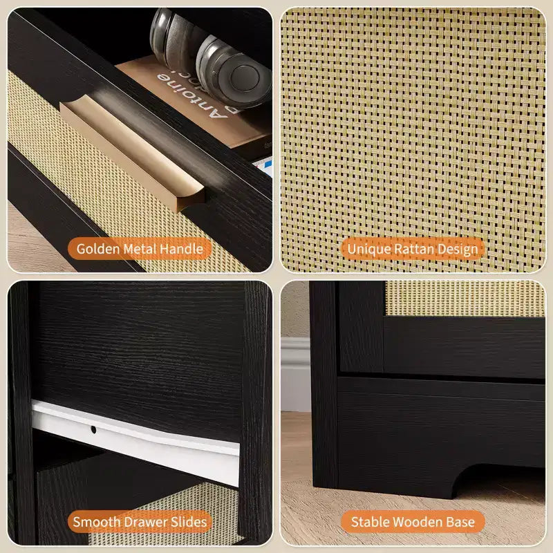 Modern Rattan Dresser,12-Drawer Wooden Storage Organizer with Woven Rattan Panels & Handles, Sleeper Chest for Bedroom,Entryway & Living Room