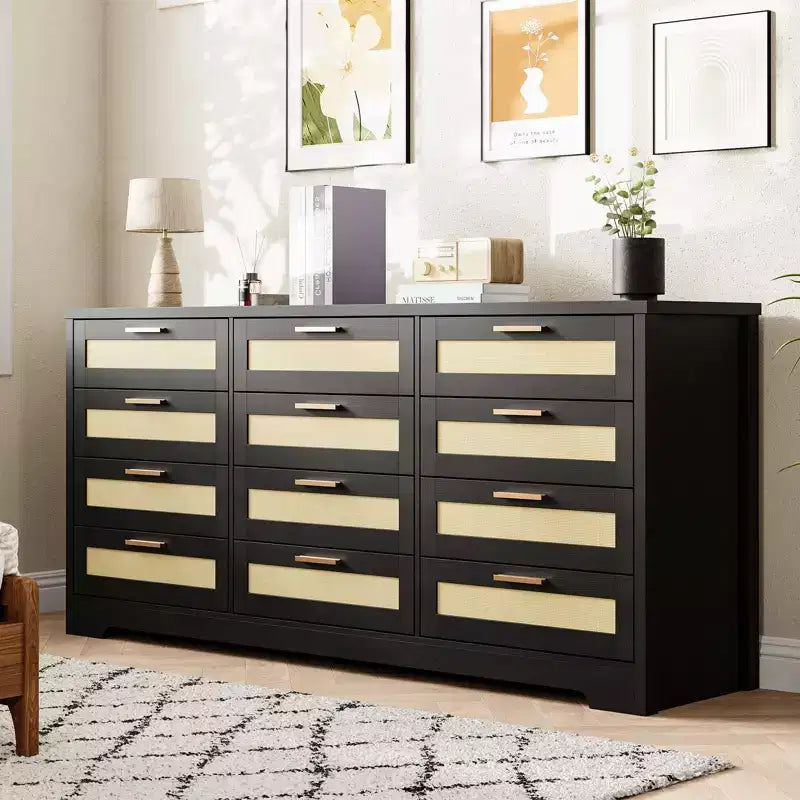 Modern Rattan Dresser,12-Drawer Wooden Storage Organizer with Woven Rattan Panels & Handles, Sleeper Chest for Bedroom,Entryway & Living Room