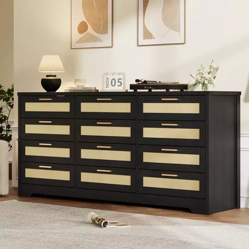 Modern Rattan Dresser,12-Drawer Wooden Storage Organizer with Woven Rattan Panels & Handles, Sleeper Chest for Bedroom,Entryway & Living Room