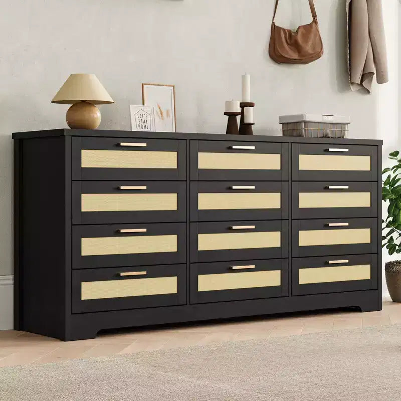 Modern Rattan Dresser,12-Drawer Wooden Storage Organizer with Woven Rattan Panels & Handles, Sleeper Chest for Bedroom,Entryway & Living Room