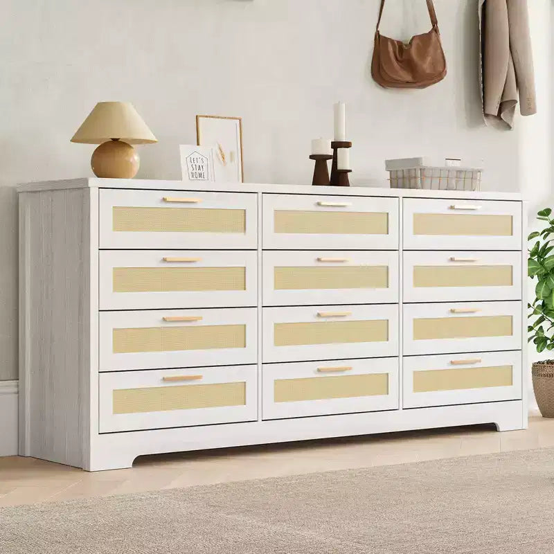 Modern Rattan Dresser,12-Drawer Wooden Storage Organizer with Woven Rattan Panels & Handles, Sleeper Chest for Bedroom,Entryway & Living Room