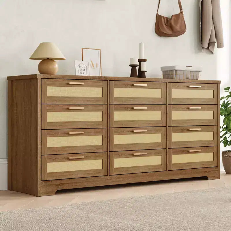 Modern Rattan Dresser,12-Drawer Wooden Storage Organizer with Woven Rattan Panels & Handles, Sleeper Chest for Bedroom,Entryway & Living Room