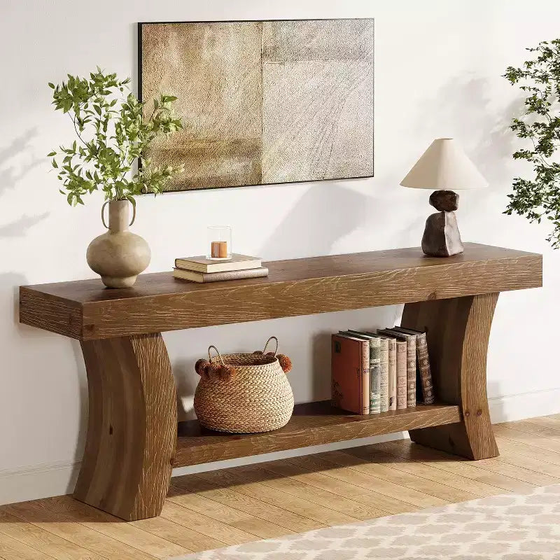 Lantine 63 Solid Wood Console Table, 2-Tier Farmhouse Sofa Table, Low TV Console for Living Room, Entryway, Hallway (Dark Brown)
