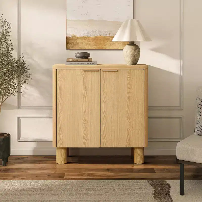 LuxenHome 28.3 Small Buffet Cabinet with Storage, Oak Accent Cabinets with Rounded Edges Brown