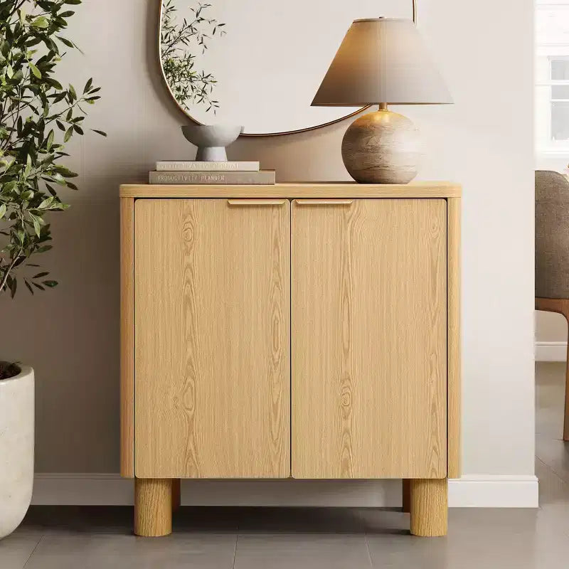 LuxenHome 28.3 Small Buffet Cabinet with Storage, Oak Accent Cabinets with Rounded Edges Brown