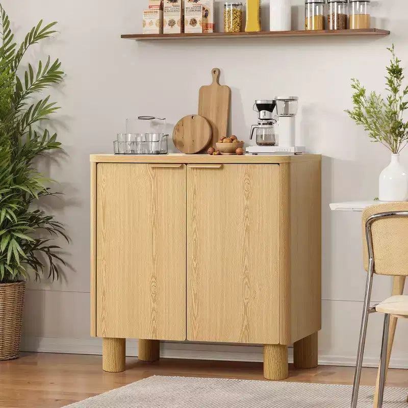 LuxenHome 28.3 Small Buffet Cabinet with Storage, Oak Accent Cabinets with Rounded Edges Brown