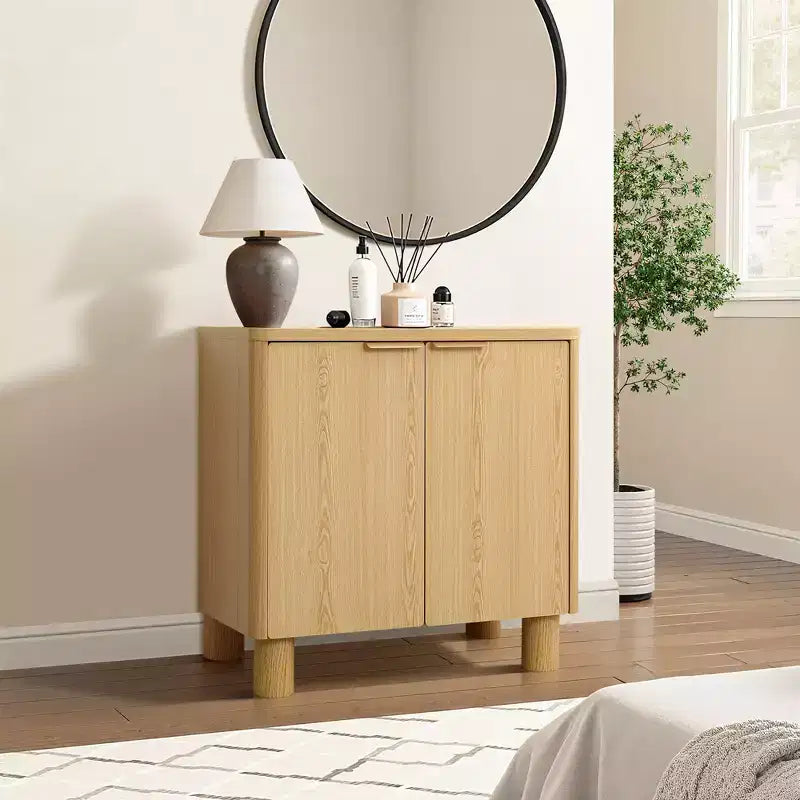 LuxenHome 28.3 Small Buffet Cabinet with Storage, Oak Accent Cabinets with Rounded Edges Brown