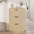 Narrow Rattan Shoe Cabinet with 3 Flip Drawers, Wooden Entryway Shoe Organizer with Adjustable & Removable Shelves, Natural Oak