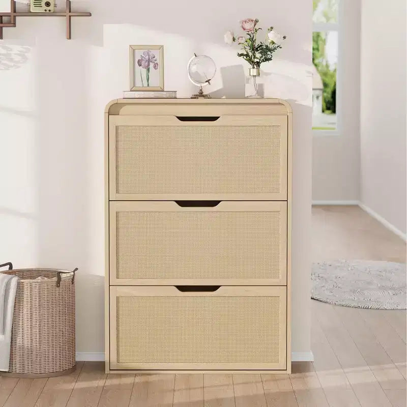 Narrow Rattan Shoe Cabinet with 3 Flip Drawers, Wooden Entryway Shoe Organizer with Adjustable & Removable Shelves, Natural Oak