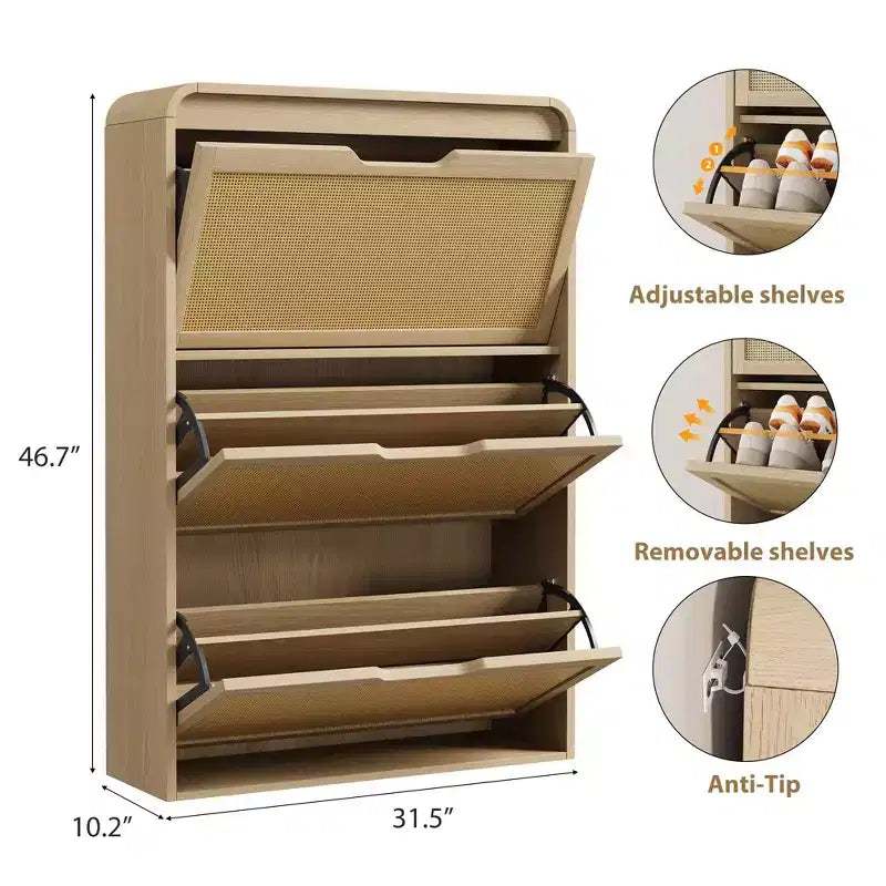 Narrow Rattan Shoe Cabinet with 3 Flip Drawers, Wooden Entryway Shoe Organizer with Adjustable & Removable Shelves, Natural Oak