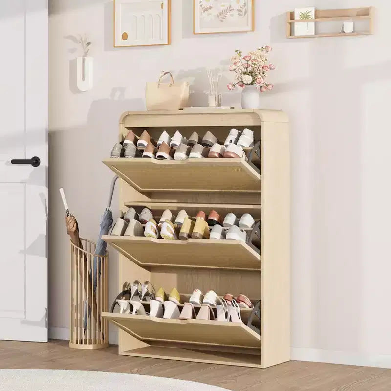 Narrow Rattan Shoe Cabinet with 3 Flip Drawers, Wooden Entryway Shoe Organizer with Adjustable & Removable Shelves, Natural Oak