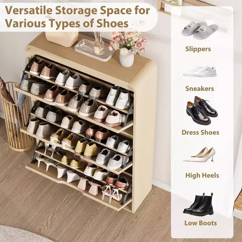 Narrow Rattan Shoe Cabinet with 3 Flip Drawers, Wooden Entryway Shoe Organizer with Adjustable & Removable Shelves, Natural Oak