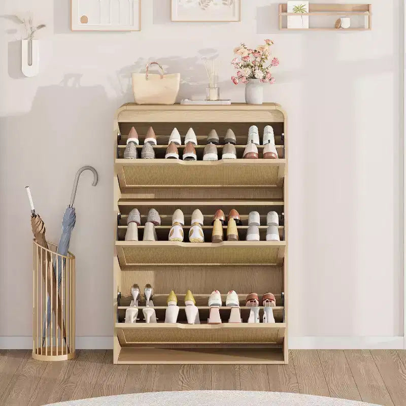 Narrow Rattan Shoe Cabinet with 3 Flip Drawers, Wooden Entryway Shoe Organizer with Adjustable & Removable Shelves, Natural Oak