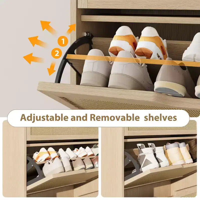 Narrow Rattan Shoe Cabinet with 3 Flip Drawers, Wooden Entryway Shoe Organizer with Adjustable & Removable Shelves, Natural Oak