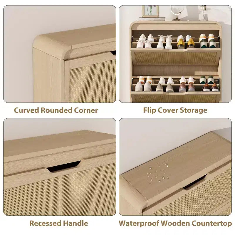 Narrow Rattan Shoe Cabinet with 3 Flip Drawers, Wooden Entryway Shoe Organizer with Adjustable & Removable Shelves, Natural Oak