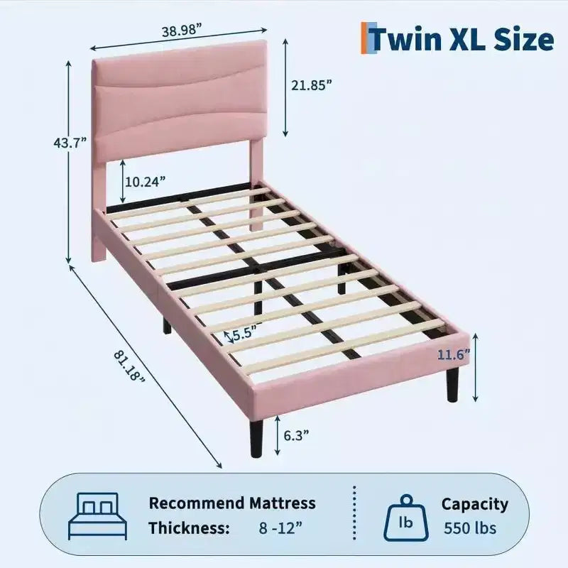 Upholstered Platform Bed Frame with Curved Headboard, MDF and Wood Slat Support, Noise-Free, No Box Spring Needed, Easy Assembly