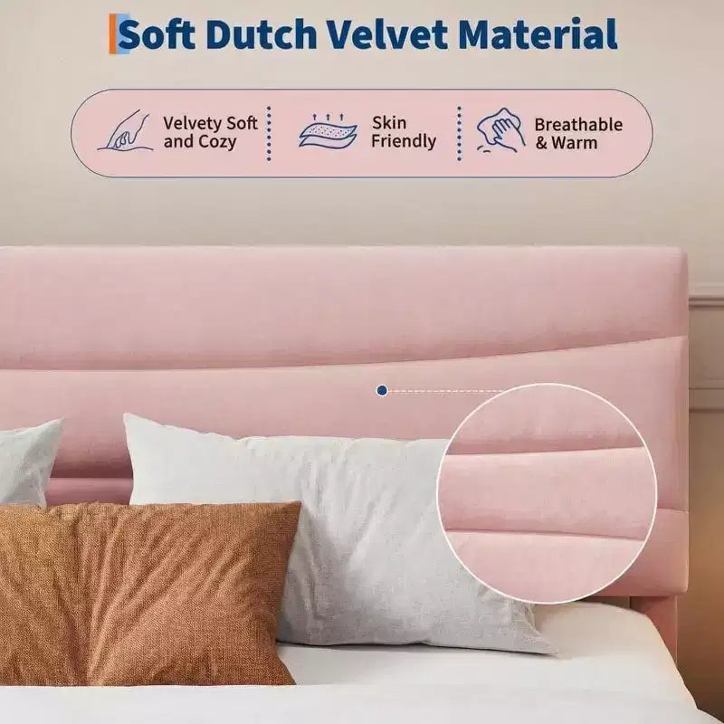 Upholstered Platform Bed Frame with Curved Headboard, MDF and Wood Slat Support, Noise-Free, No Box Spring Needed, Easy Assembly