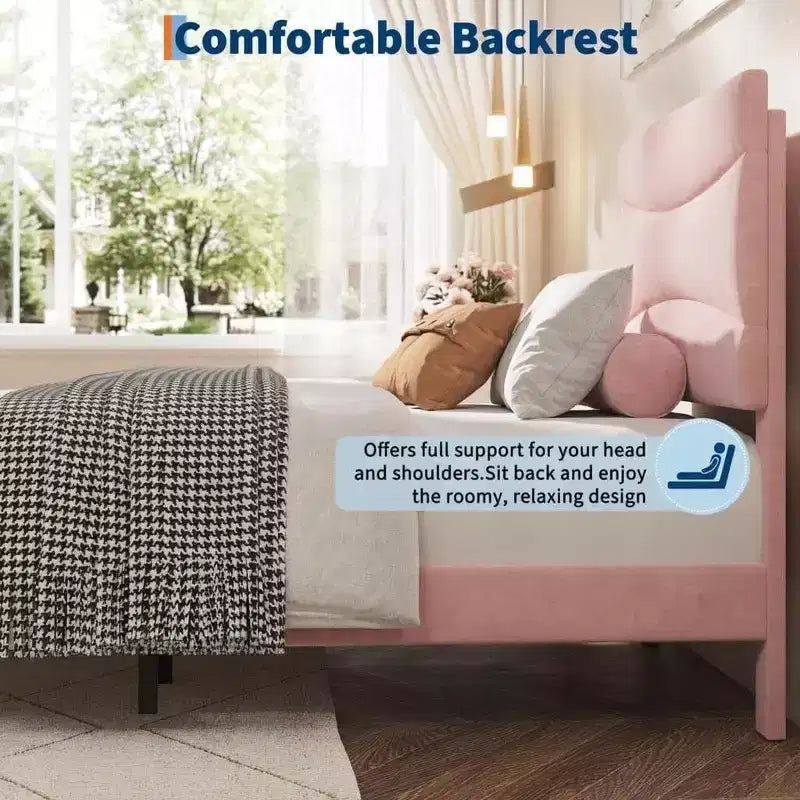 Upholstered Platform Bed Frame with Curved Headboard, MDF and Wood Slat Support, Noise-Free, No Box Spring Needed, Easy Assembly